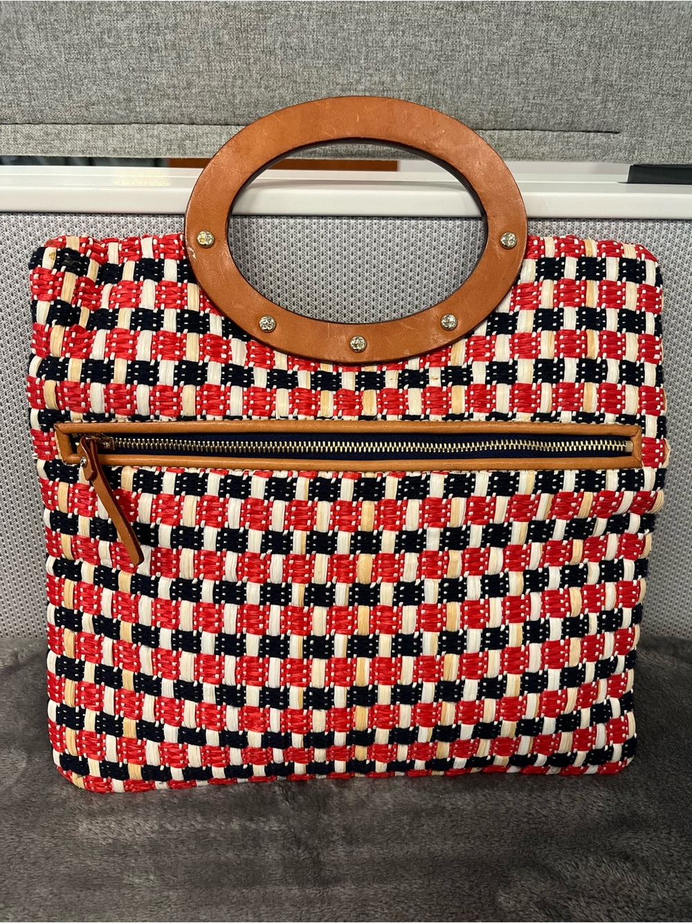 Kate Spade Red, White & Navy Woven Tote Clutch with Brown Leather Handles - Picture 2 of 10